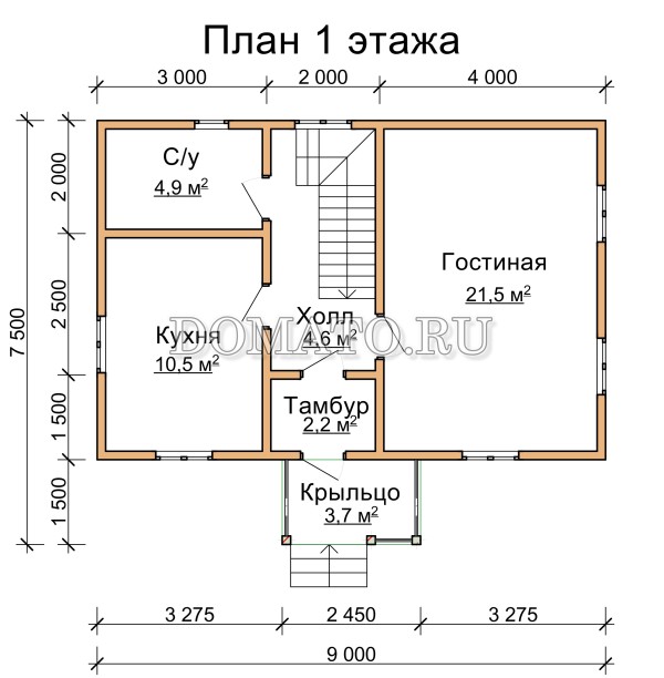 план 1 этажа каркасного дома 9×6