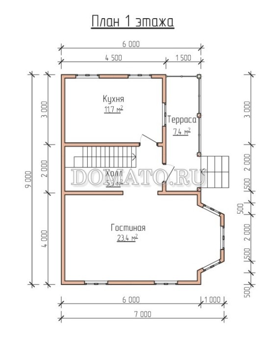 план 1 этажа каркасного дома 9×7