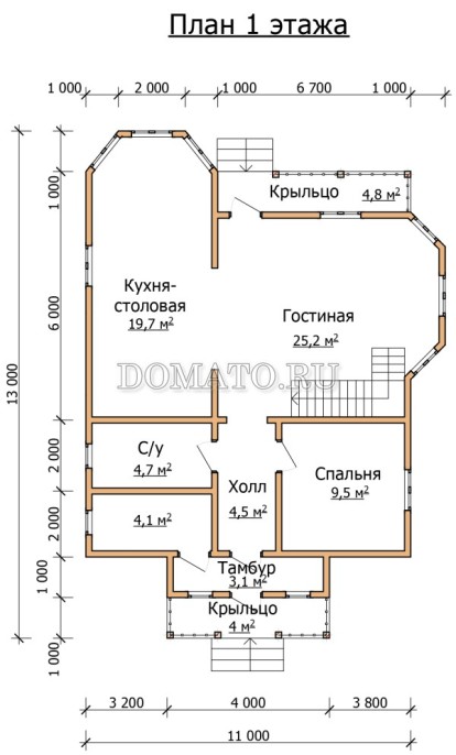 план 1 этажа дома из бруса 13 на 11