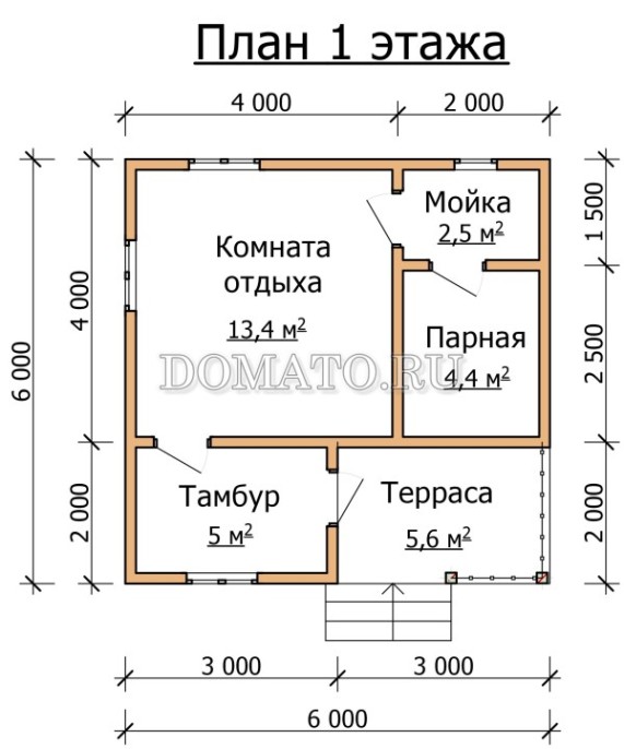 план 1 этажа проекта бани 6 на 6