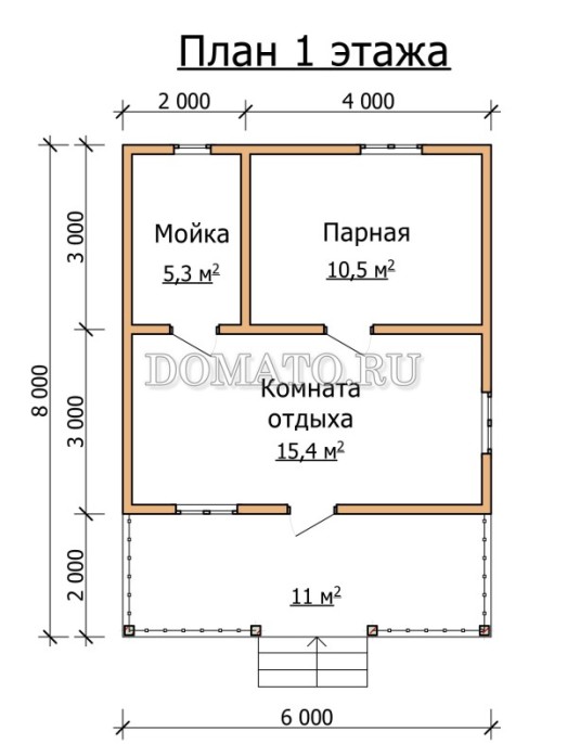 план 1 этажа проекта бани 6×8