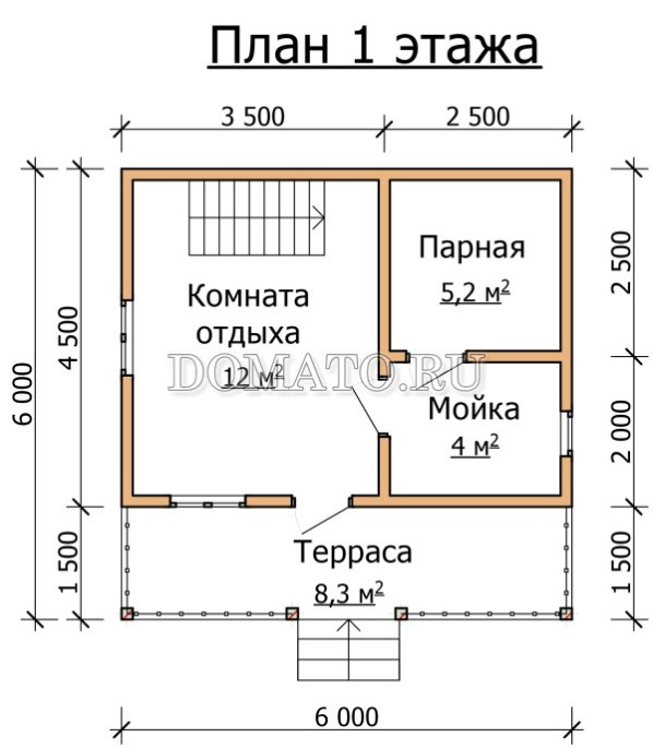 Проект двухэтажной бани 6х6 план 1 этажа